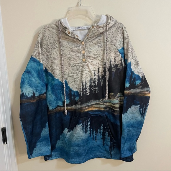MISSLOOK Tops - MISSLOOK Pullover Mountain Lake Scene Hoodie Women’s Size XL